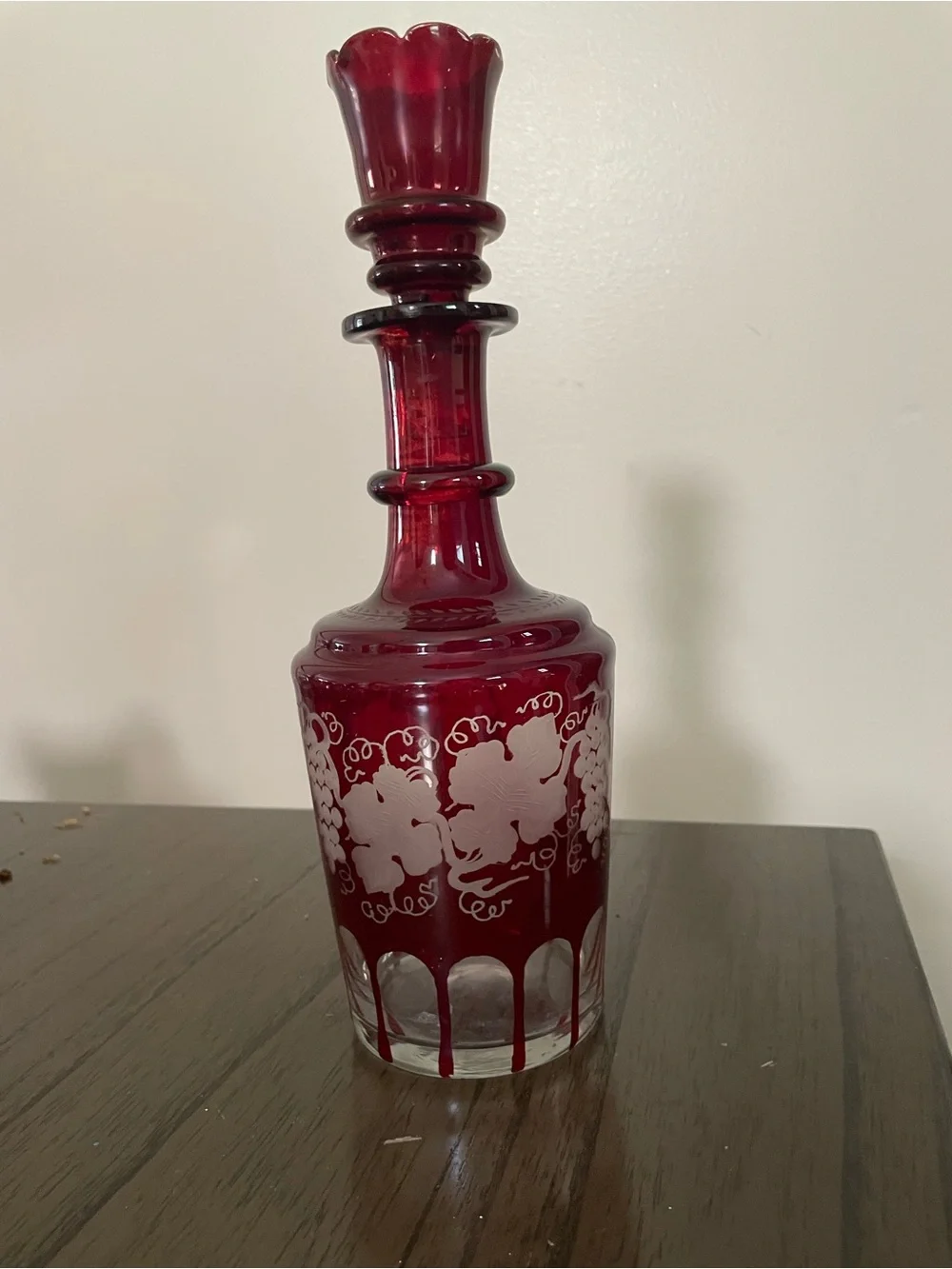 Vintage Ruby Red Etched Glass Decanter with Stopper - Vintage